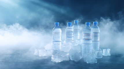 Bottles of water with ice cubes on dark toned foggy background