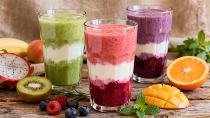 Three layered colorful smoothies with fresh fruit and berries on a rustic wooden surface.
