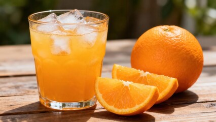Refreshing orange juice beverage with ice in a glass, accompanied by fresh orange slices on a wooden table.