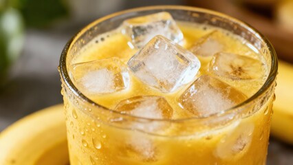 Refreshing, golden-yellow juice drink with ice cubes, showcasing a  view of the beverage's texture and delightful color.