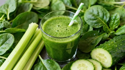 Fresh green smoothie with spinach, celery, and cucumber, vibrant and healthy.