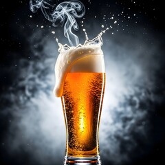 A refreshing glass of beer with foam and splashes, dark background