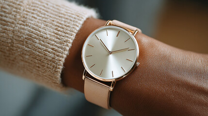 Close-up of a classic wristwatch worn on a wrist indoors.