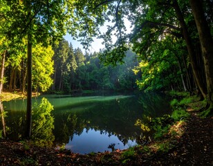 Calm forest lake, sunlight filtering through trees
