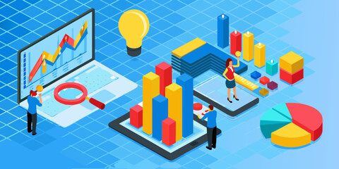 Obraz premium Isometric visualization of business analytics with charts graphs people and a lightbulb representing ideas