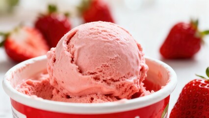A  view of a scoop of vibrant pink strawberry ice cream in a red and white paper cup, surrounded by fresh strawberry slices.