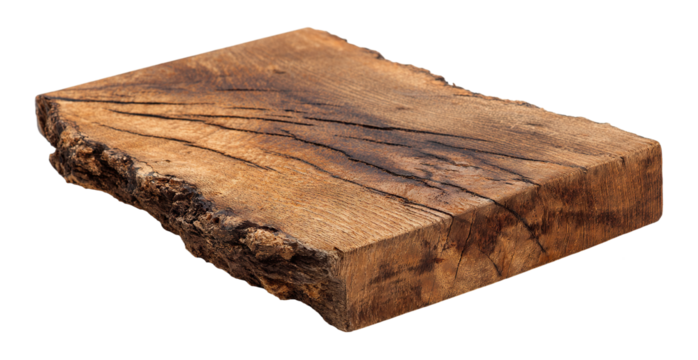 Rustic thick wooden cutting board with rough natural edge, isolated on transparent cutout background