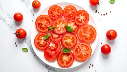 Fototapeta premium Sliced tomatoes on a plate, surrounded by whole tomatoes and basil