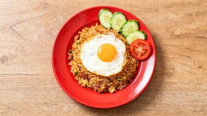 Fried rice dish with fried egg, cucumber, and tomato garnishes, served on a red plate.