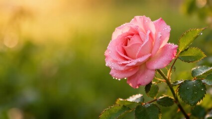 A radiant pink rose, adorned with dew drops, stands out against a soft, blurred backdrop of greenery, bathed in warm sunlight.