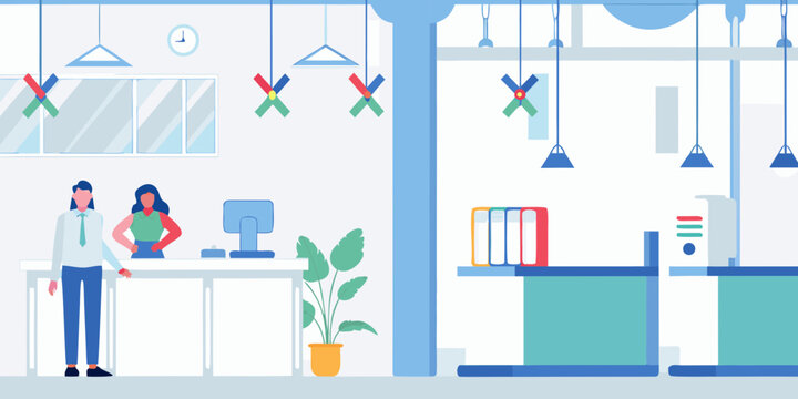 Modern office interior with reception desk employees computer plant and colorful binders on shelf