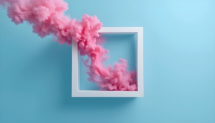 Pink smoke flowing through a white square frame on a light blue background creating a dreamy aesthetic