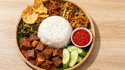 A vibrant platter showcasing a variety of Indonesian cuisine, including aromatic rice, savory beef rendang, crispy crackers, and a spicy chili sauce.