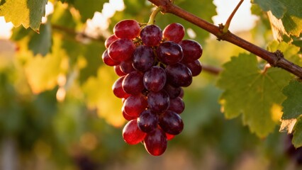 A cluster of plump, deep red grapes hangs from a vine, bathed in warm sunlight.