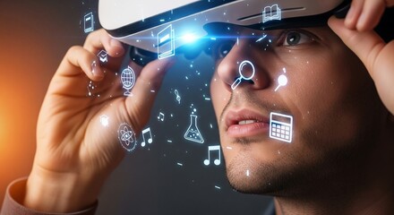 Hyperrealistic close-up of a man using VR for AI-enhanced learning with holographic icons, vibrant lighting symbolizing adaptability and skill development in education