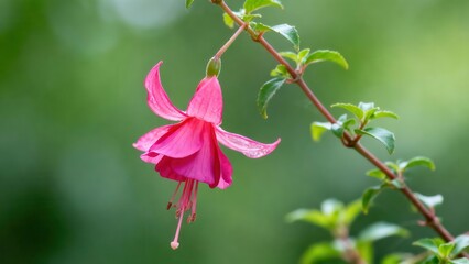 A vibrant fuchsia blooms, displaying its deep pink petals against a soft green backdrop.