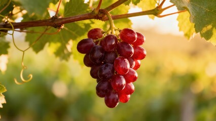 A luscious bunch of ripe red grapes hangs from a vine, bathed in golden sunlight, showcasing a  view of the fruit with a blurred background of green leaves and foliage.