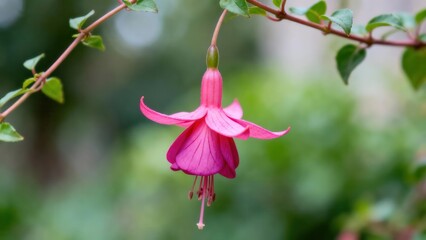 A vibrant pink fuchsia flower hangs gracefully, showcasing delicate petals against a softly blurred background of lush greenery.