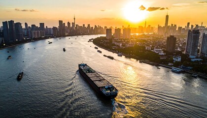 A river flows through a bustling metropolis at sunset, revealing buildings and ships beneath an orange-tinted sky