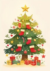 Christmas tree decorated in red illustration stockings star.