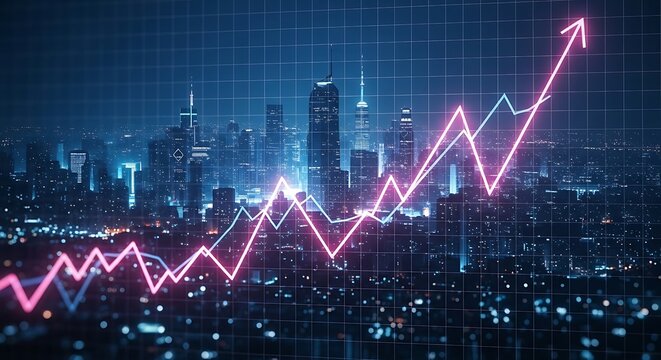 Financial Growth Vibrant lines chart depicting rising trends in the futuristic digital economy with a city skyline