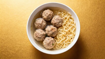 A high-angle,  view of a bowl of beef balls soup with noodles, set against a golden background.
