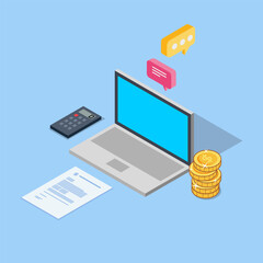 Isometric Laptop Calculator Coins and Invoice and Chat Bubble Vector Illustration Flat Design