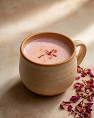 Delicate Pink Rose Milk in Neutral Kulhad with Floral Garnish