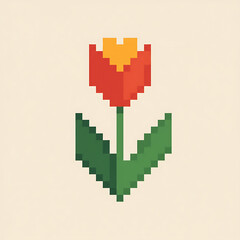 Fototapeta premium Pixelated illustration of a single red tulip with yellow center and green stem.