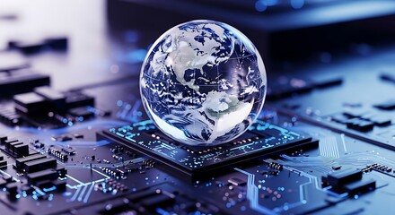 Earth Globe on a Microchip Symbolizing Global Technology Connectivity Innovation Digital Networks and the Interconnected