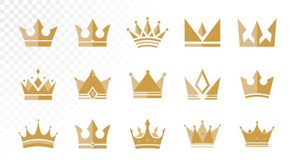 Collection of elegant golden crown icons in flat geometric style. Includes various royal crown designs with jewels, spikes, and symmetrical shapes.