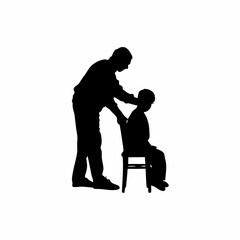 Silhouette of son helping father stand up from chair isolated on white background
