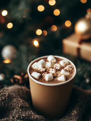 Paper cup with hot chocolate and fluffy marshmallows in a festive holiday setting