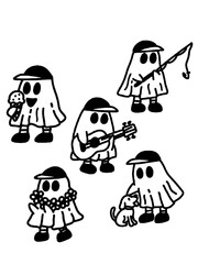 Funny spooky ghost doodle set with various hand-drawn characters