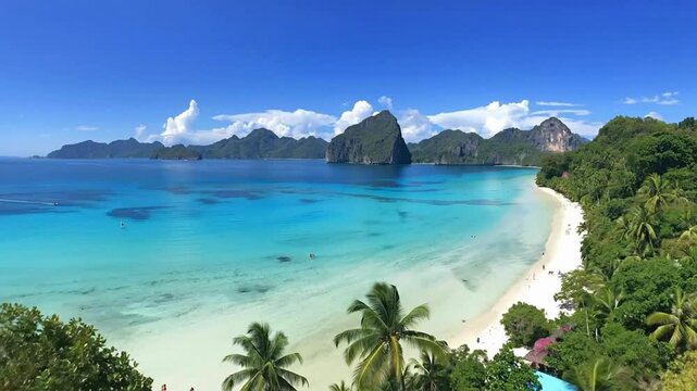 Aerial View of Tropical Beach and Clear Turquoise Sea in El Nido, Palawan, Philippines