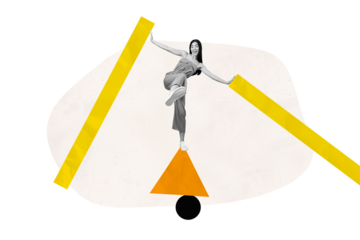 Composite trend artwork sketch image collage of element escape geometry hurdle small young lady stand triangle balance hand hold platform