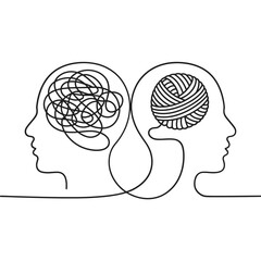 Two heads in profile connected by a line showing one mind tangled and the other organized