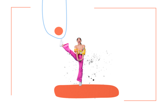 Creative picture young cheerful woman dance raise leg party festive event club positive mood entertainment leisure drawing background - Powered by Adobe