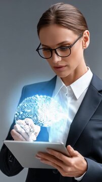 Brain-Computer Interface: A visionary woman in formal attire interacts with a digital holographic brain, her gaze filled with focused determination and intellect.