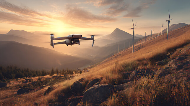 Drone flying over mountainous terrain with wind turbines at sunset