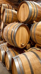 Wooden wine barrels stacked in a cellar