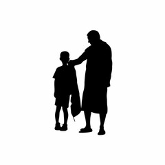 Silhouette of son helping father wear hospital gown isolated on white background