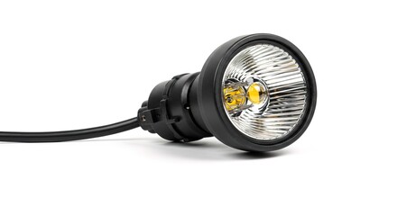 A close up shot of a black led light on a white background