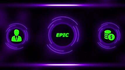Neon Green Iconography of Person, Text Epic, and Coins with Dollar Sign on Dark Background with Purple Neon Borders - Powered by Adobe