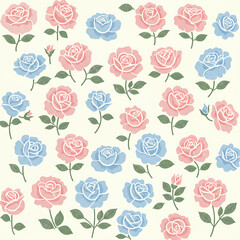 An array of pink and blue rose illustrations with stems and leaves on a light background.
