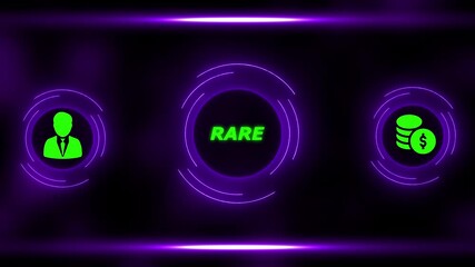Neon Green Iconography of Person, Text Rare, and Coins with Dollar Sign on Dark Background with Purple Neon Borders - Powered by Adobe