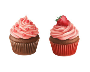 Valentine’s Day Chocolate Cupcakes Clipart , Hand Drawn Pink Pastel Dessert, Sweet Dessert Illustration for Love, Romance, Cards and Invitations