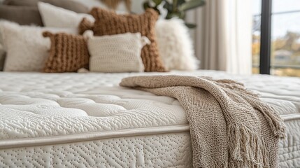Plush mattress with textured cover, soft pillows, and a cozy throw blanket in a bright bedroom
