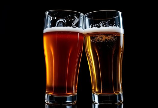 Empty beer glasses clinking, close-up, dark background,  macro,  detail