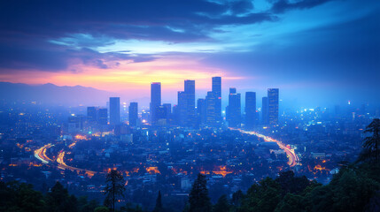 Fototapeta premium A sprawling city skyline at twilight showcases modern skyscrapers, blue urban glow, bright vehicle light trails, and distant mountains.
